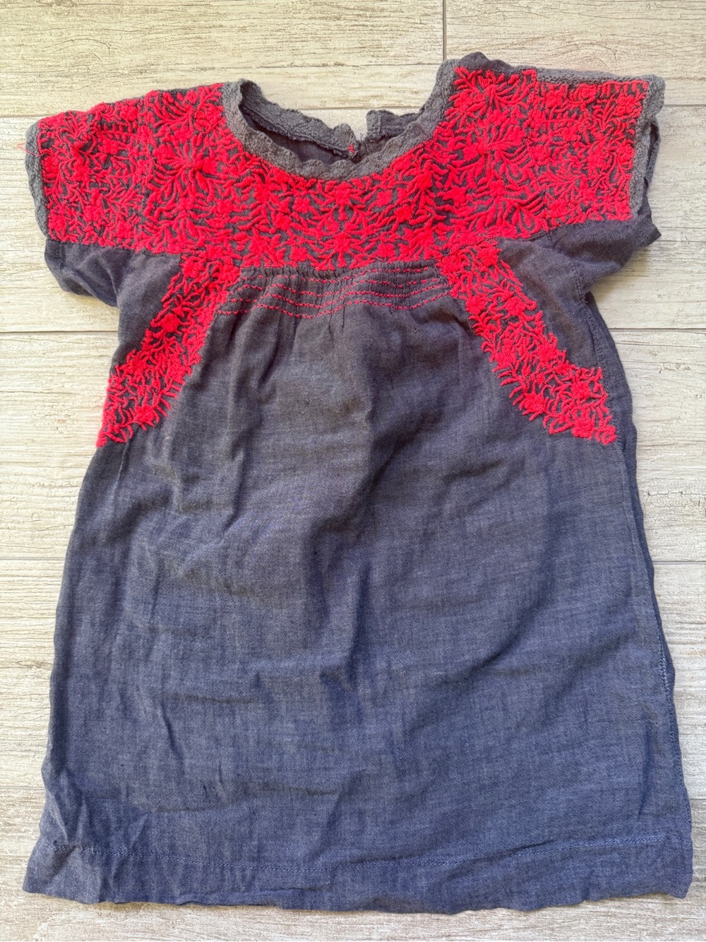Soft Denim Dress with hot pink Embroidered Yoke